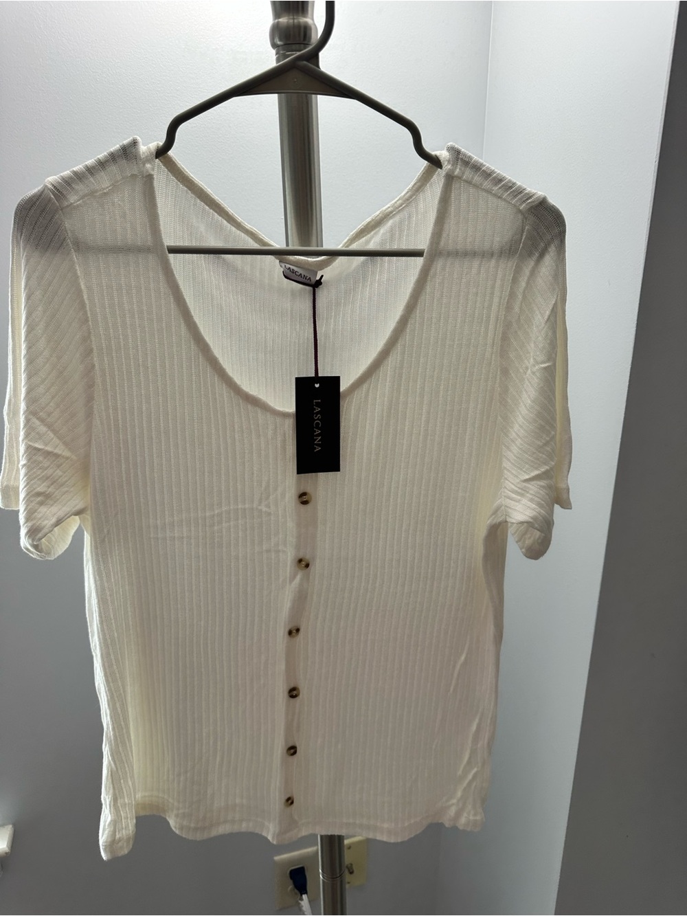 LASCANA Ivory Ribbed Button-Front Short Sleeve Top